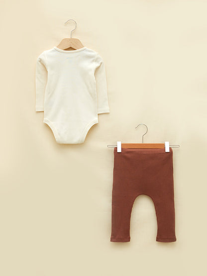 Crew Neck Long Sleeve Printed Organic Cotton Baby Boy Snap Fasten Body and Pants 2-Piece Set