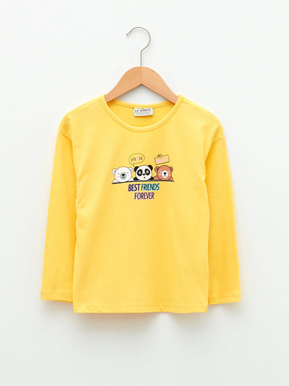 Crew Neck Printed Long Sleeve Cotton Girls' T-Shirt