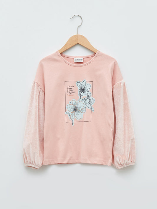 Crew Neck Printed Long Sleeve Girl's Blouse