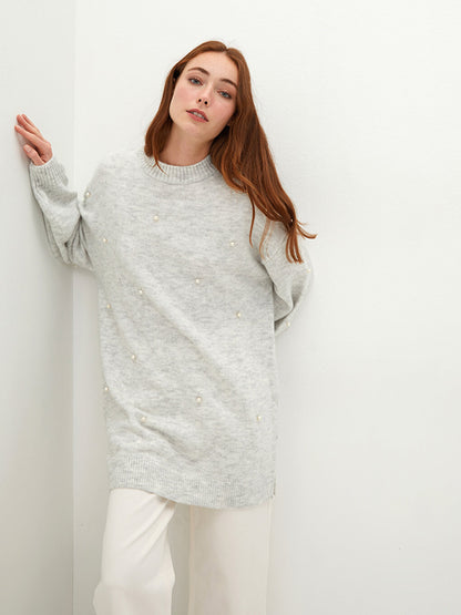 Crew Neck Pearl Detailed Long Sleeve Women's Knitwear Tunic