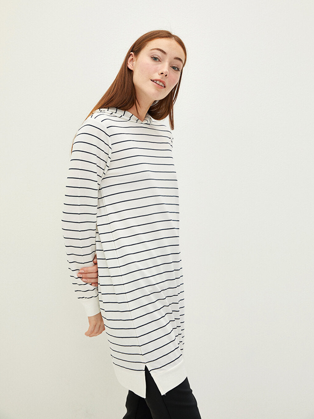 Hooded Striped Long Sleeve Women's Sweatshirt Tunic