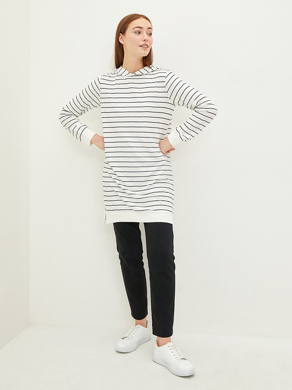 Hooded Striped Long Sleeve Women's Sweatshirt Tunic