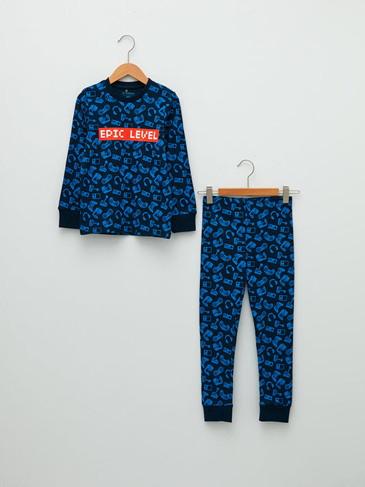 Crew Neck Printed Long Sleeve Boys Pajama Set