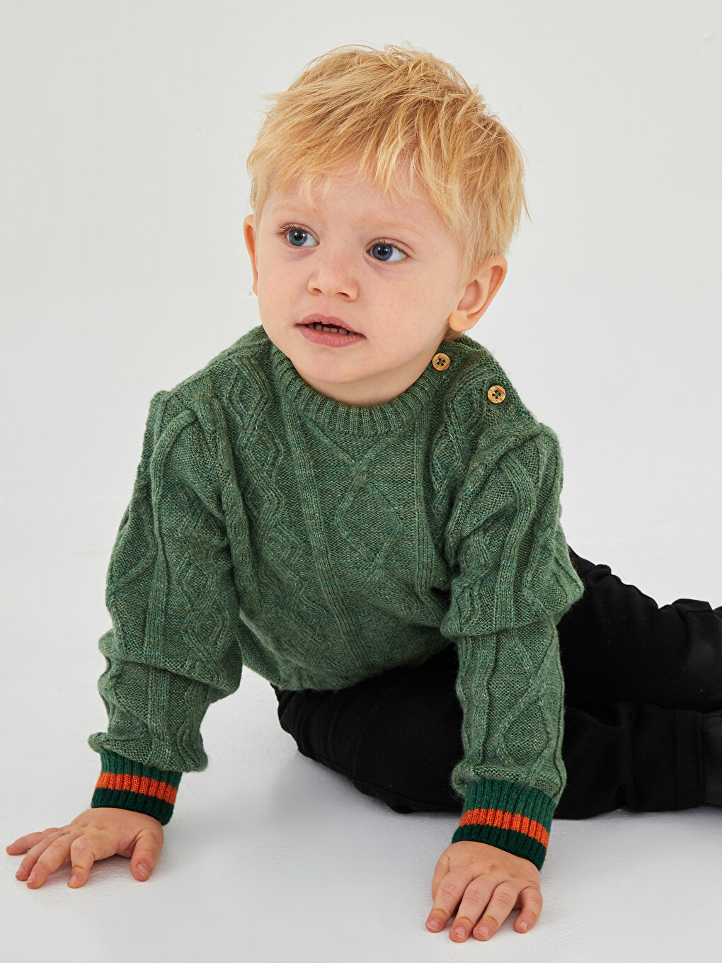 Crew Neck Long Sleeve Self Patterned Baby Boy Knitwear Sweater