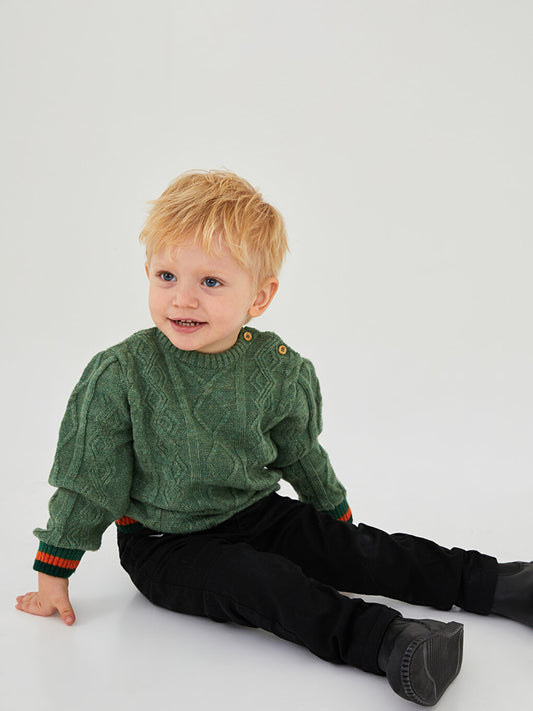 Crew Neck Long Sleeve Self Patterned Baby Boy Knitwear Sweater