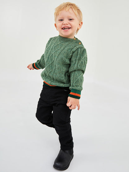 Crew Neck Long Sleeve Self Patterned Baby Boy Knitwear Sweater