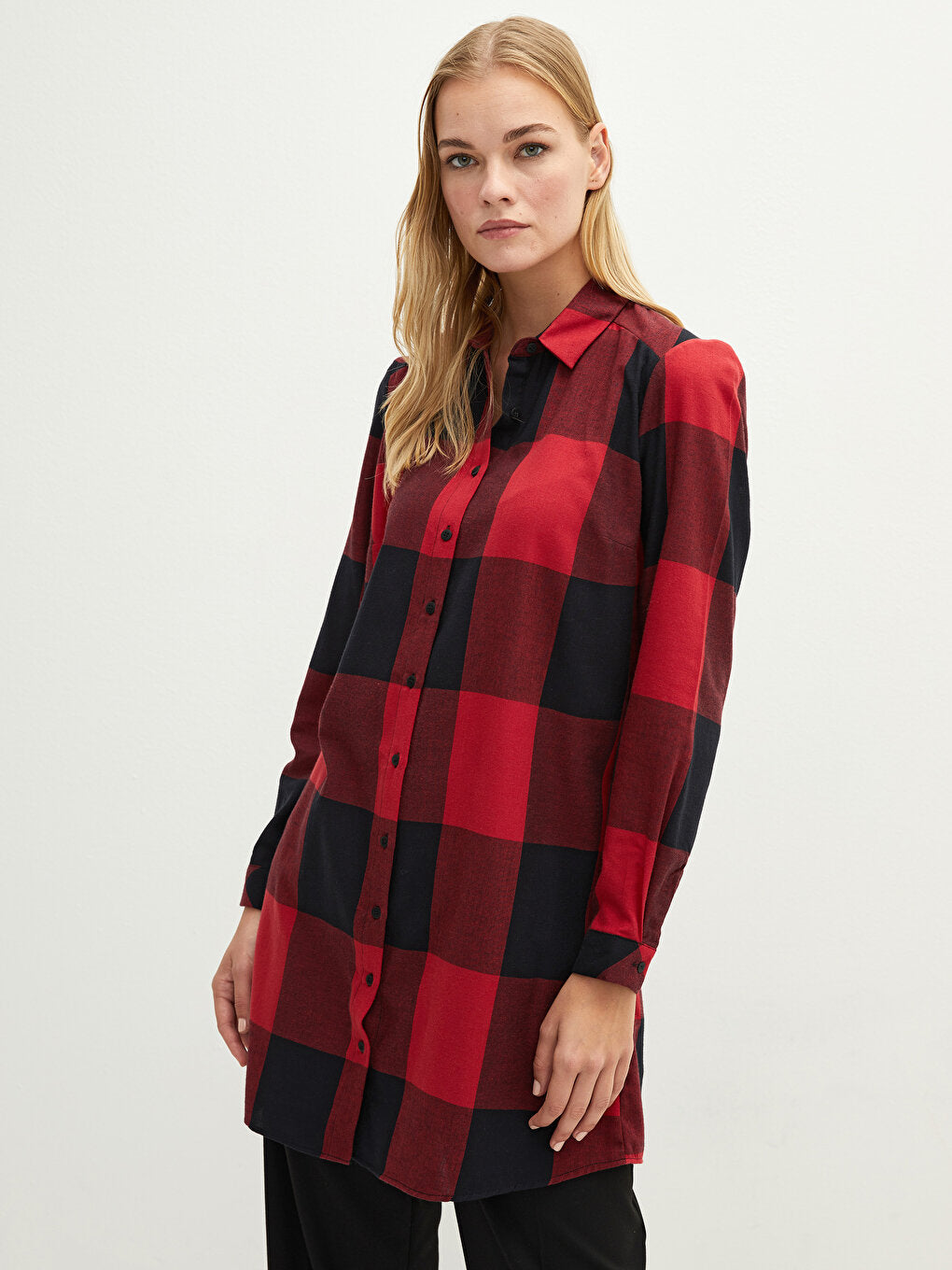 Plaid Long Sleeve Poplin Women's Shirt Tunic