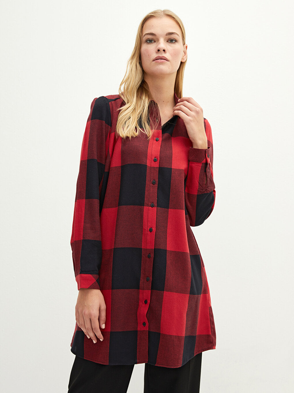 Plaid Long Sleeve Poplin Women's Shirt Tunic