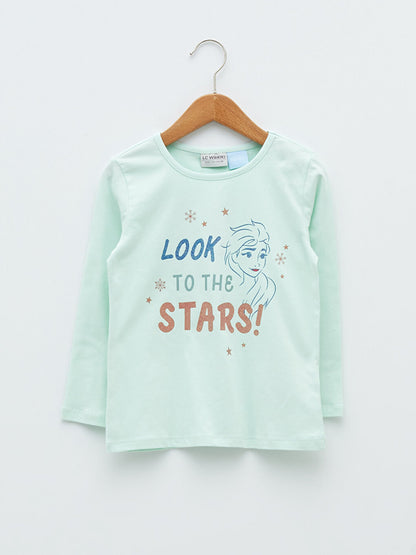 Crew Neck Elsa Printed Long Sleeve Cotton Girls' T-Shirt