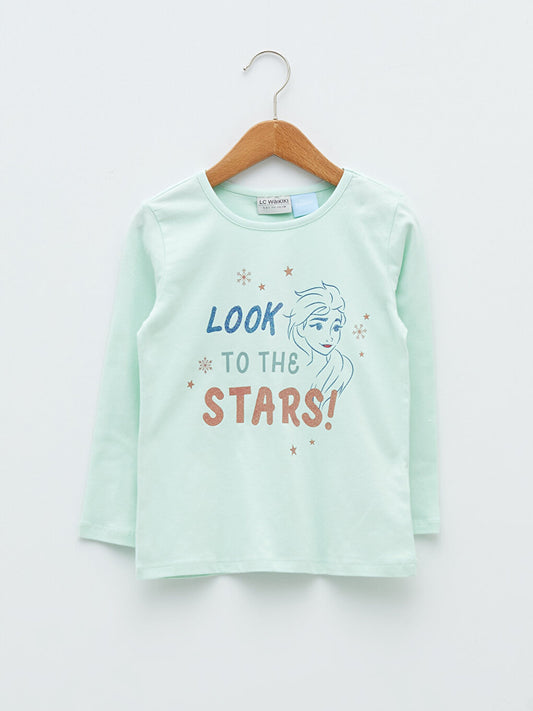 Crew Neck Elsa Printed Long Sleeve Cotton Girls' T-Shirt