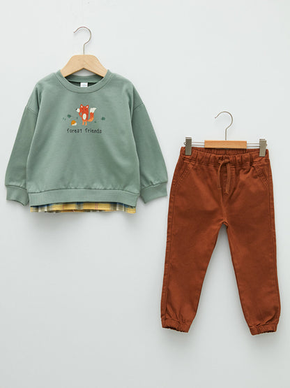 Crew Neck Long Sleeve Printed Baby Boy Sweatshirt and Trousers 2-Piece Set