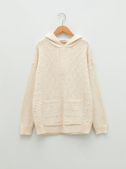 Hooded, Patterned Long Sleeve Girl's Knitwear Sweater