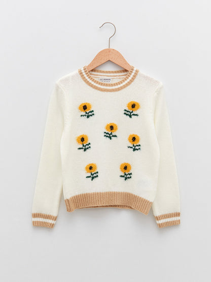 Crew Neck Patterned Long Sleeve Girl's Knitwear Sweater