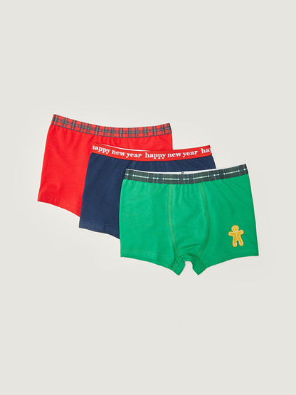 New Year's Themed Cotton Boys' Boxer with Elastic Waist 3-Piece