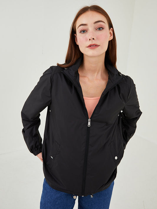 Hooded Plain Long Sleeve Women's Raincoat with Pocket Detail