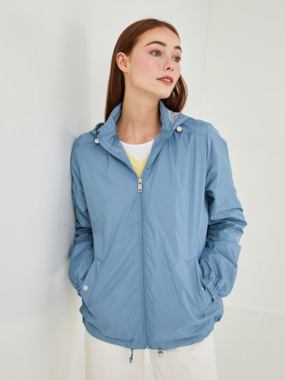 Hooded Plain Long Sleeve Women's Raincoat with Pocket Detail