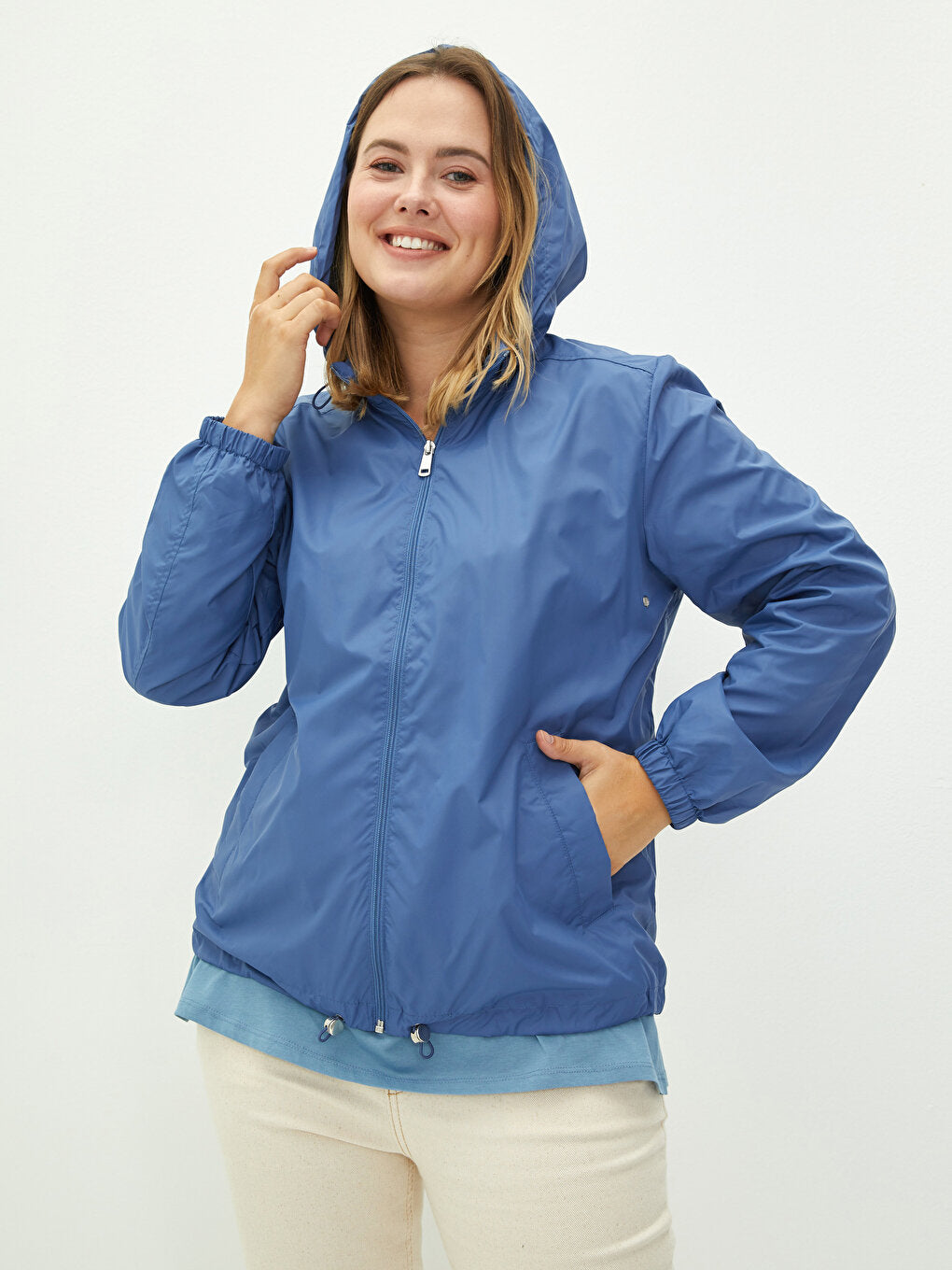 Hooded Plain Long Sleeve Women's Raincoat with Pocket Detail