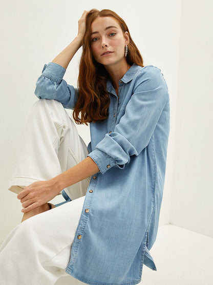 Shirt Collar Plain Long Sleeve Pocket Detailed Women's Jean Tunic