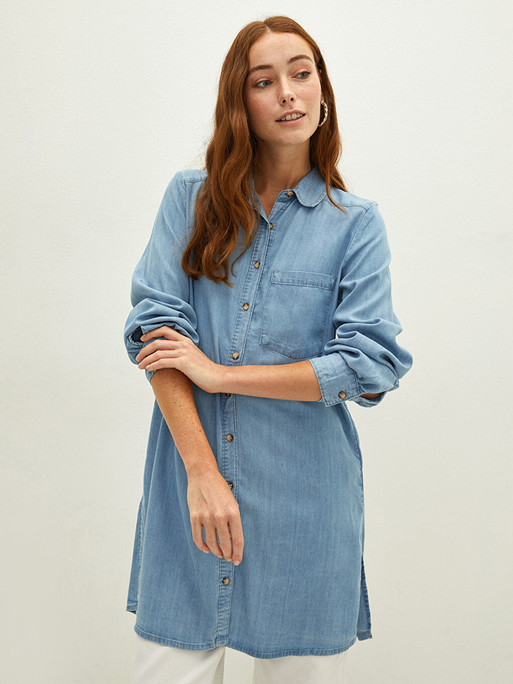 Shirt Collar Plain Long Sleeve Pocket Detailed Women's Jean Tunic