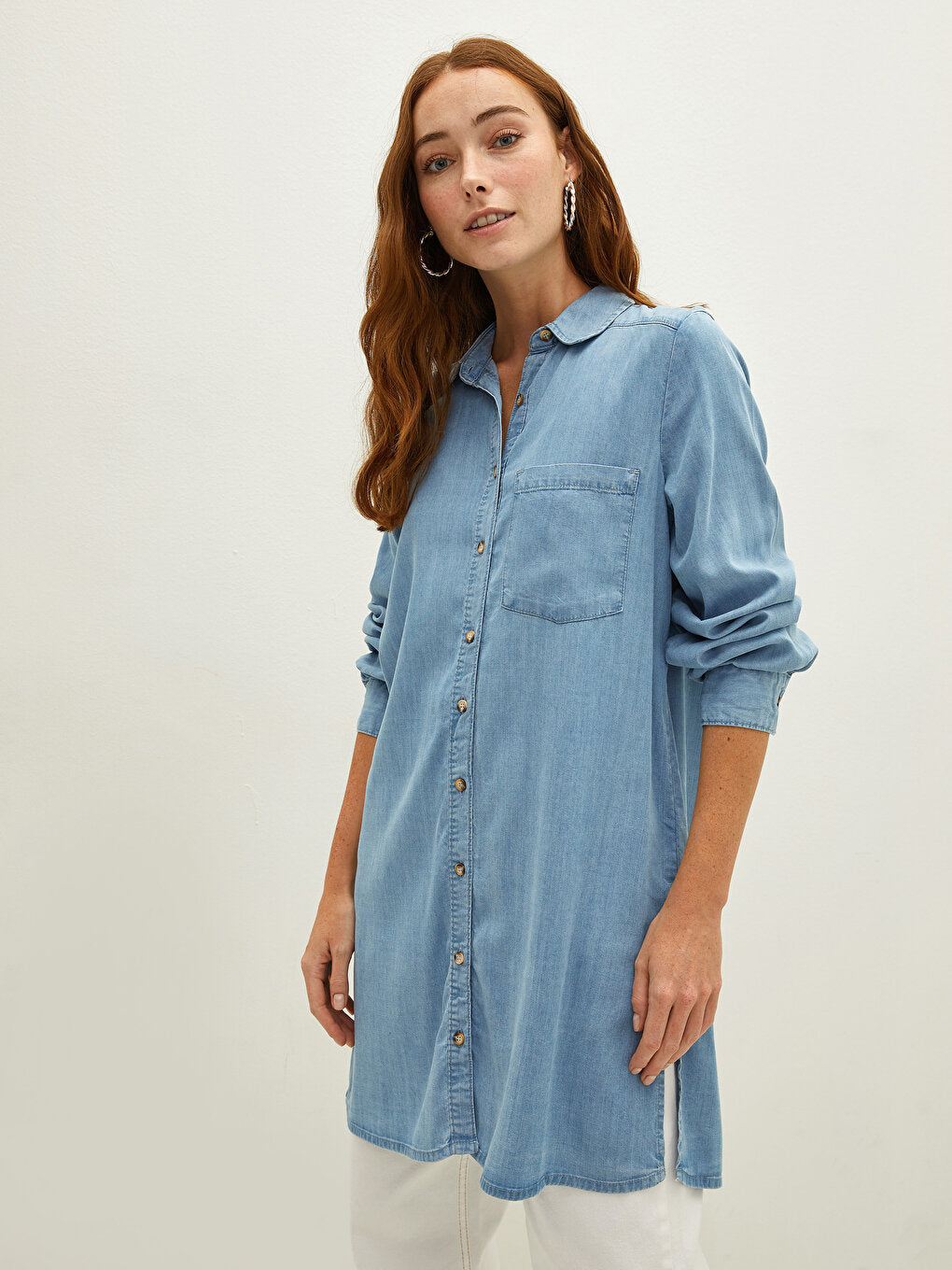 Shirt Collar Plain Long Sleeve Pocket Detailed Women's Jean Tunic