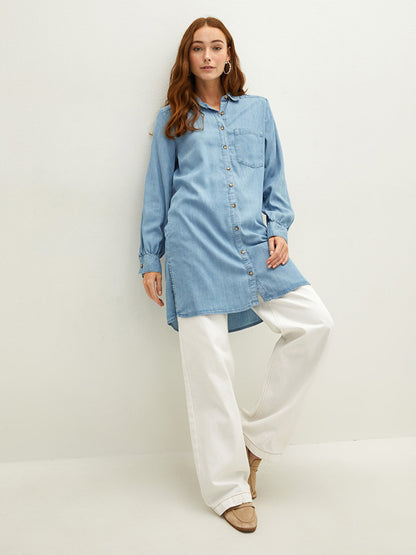 Shirt Collar Plain Long Sleeve Pocket Detailed Women's Jean Tunic