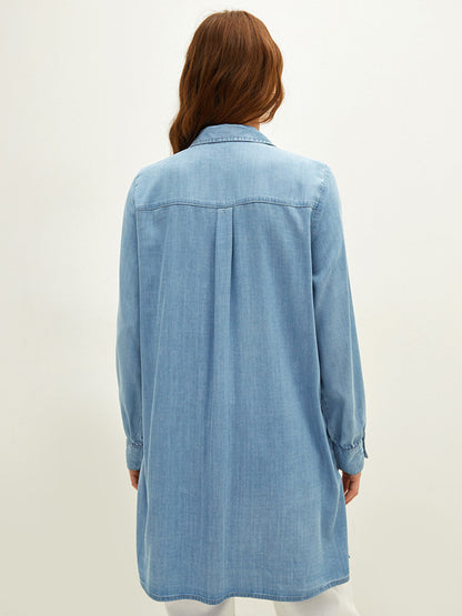 Shirt Collar Plain Long Sleeve Pocket Detailed Women's Jean Tunic