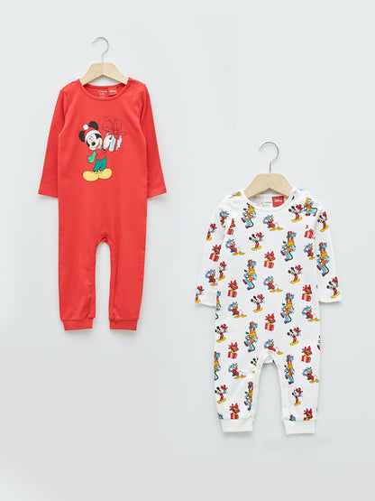 Crew Neck Long Sleeve Mickey Mouse Printed Cotton Baby Boy Jumpsuit 2-pack