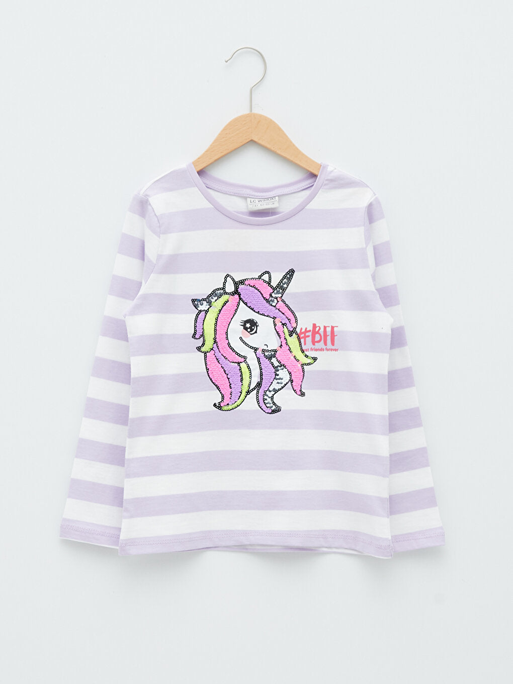 Crew Neck Printed Sequin Embroidered Long Sleeve Girls' T-Shirt