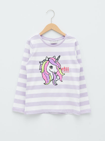 Crew Neck Printed Sequin Embroidered Long Sleeve Girls' T-Shirt