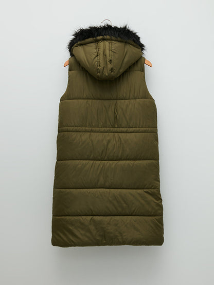 Hooded Plain Sleeveless Women's Puffer Vest with Pocket Detail