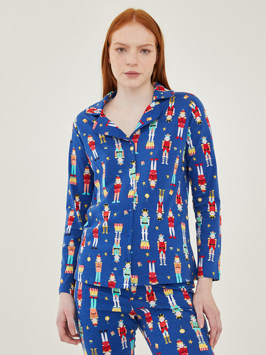 Shirt Collar New Year Themed Long Sleeve Cotton Women's Pajama Set