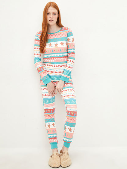 Crew Neck Patterned Long Sleeve Women's Pajama Set