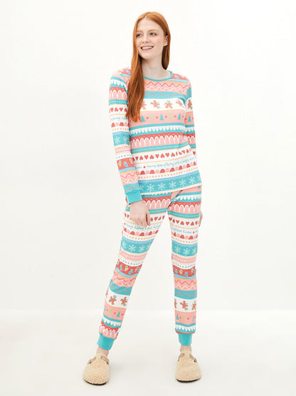 Crew Neck Patterned Long Sleeve Women's Pajama Set