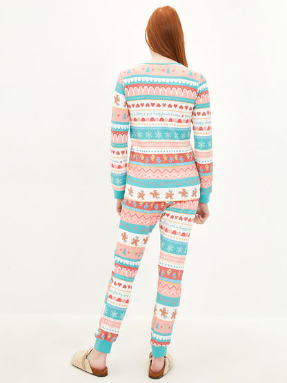 Crew Neck Patterned Long Sleeve Women's Pajama Set