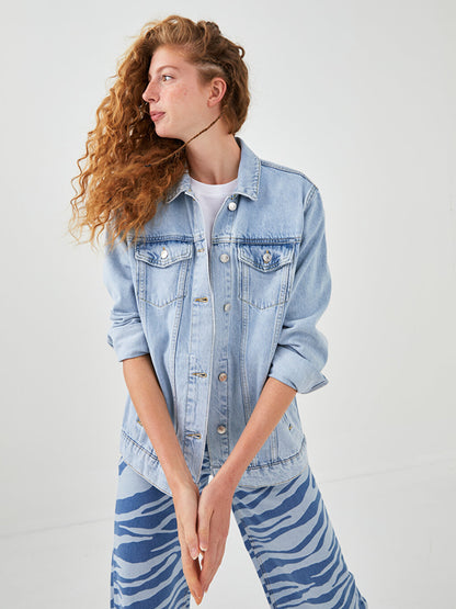 Shirt Collar Straight Pocket Detailed Long Sleeve Women's Jean Jacket