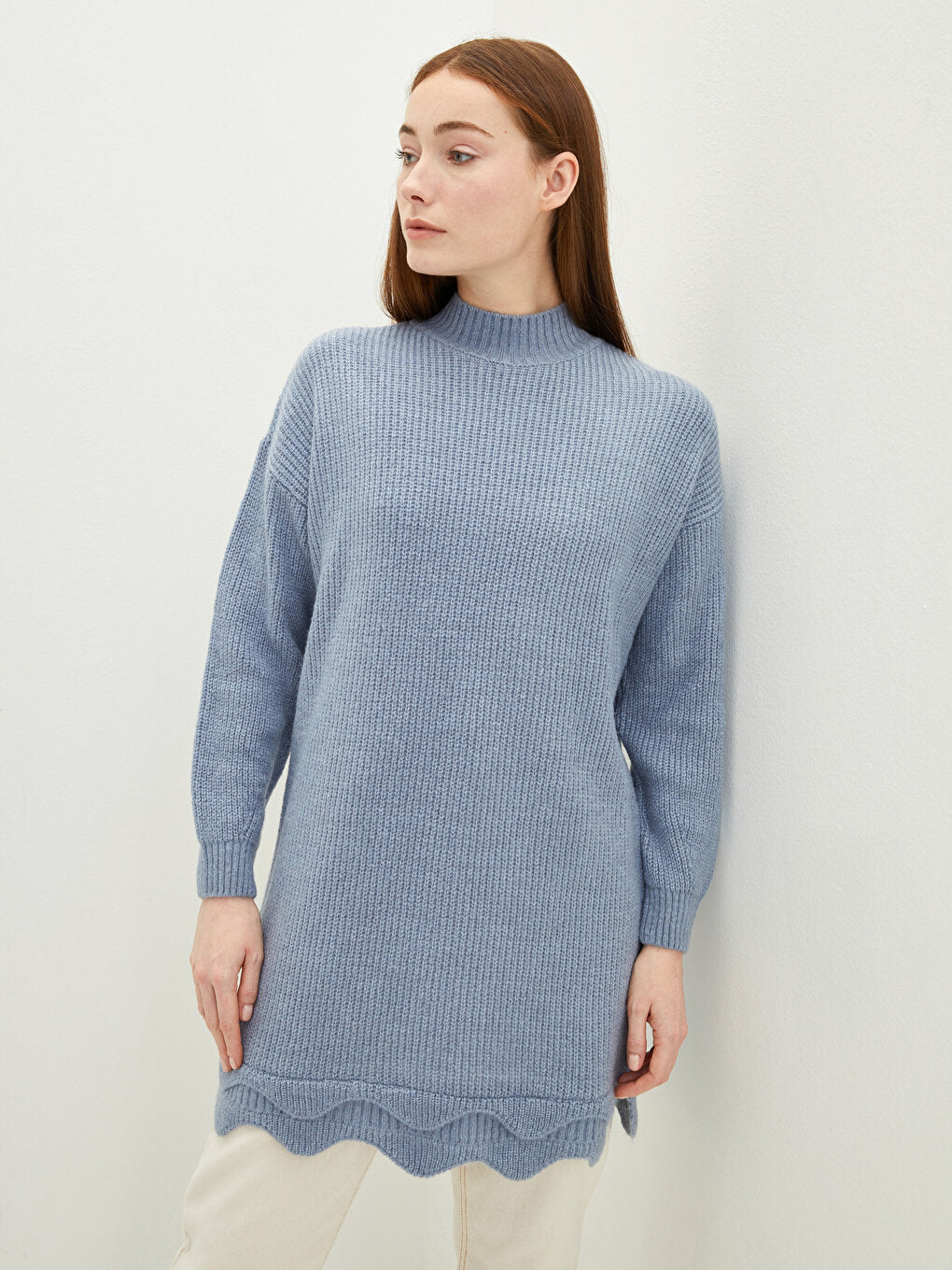 High Collar Plain Long Sleeve Oversize Women's Knitwear Tunic