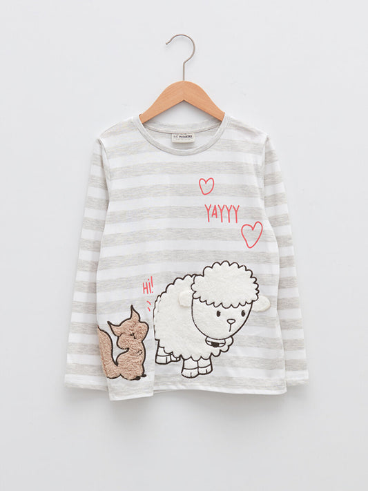 Crew Neck Embroidery Detailed Long Sleeve Girls' T-Shirt