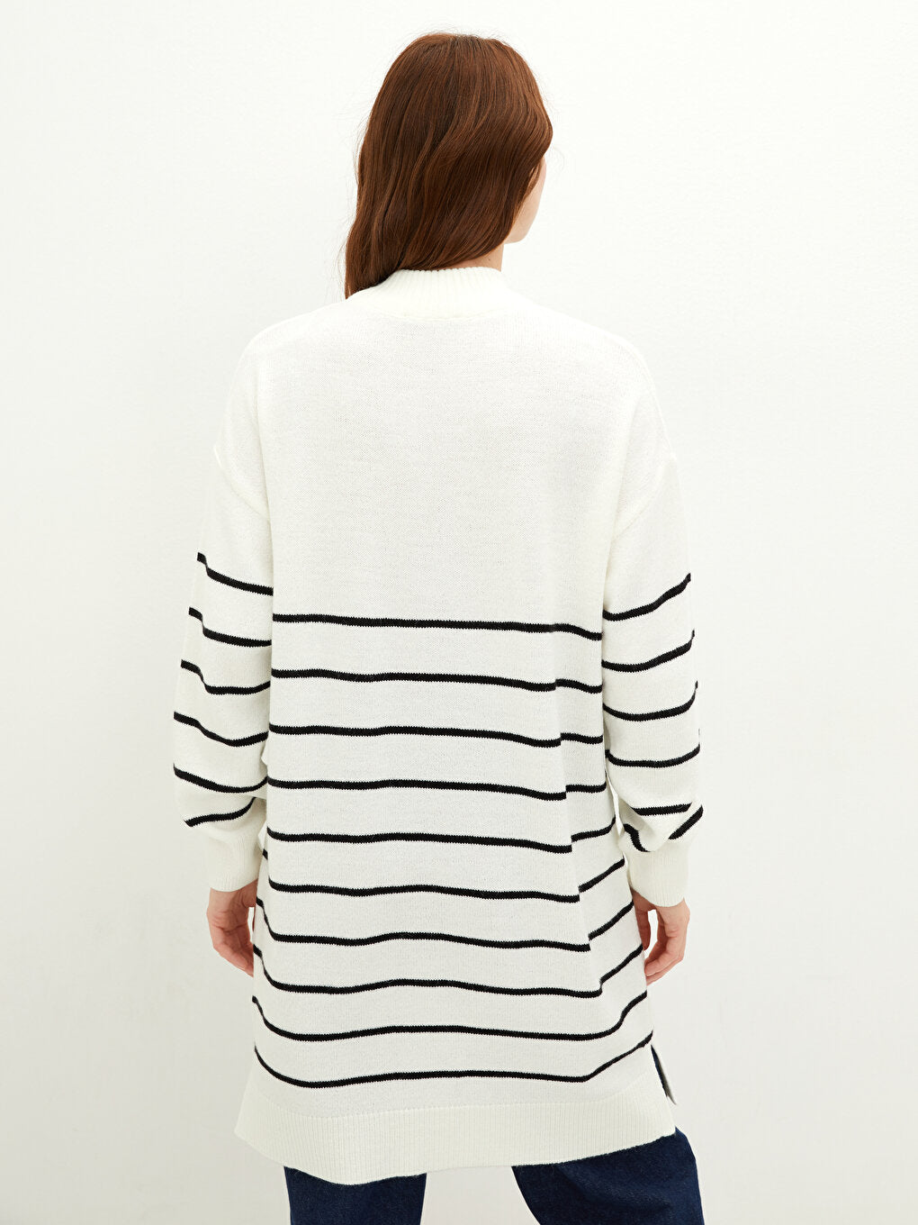 Half Turtleneck Striped Long Sleeve Oversize Women's Knitwear Tunic