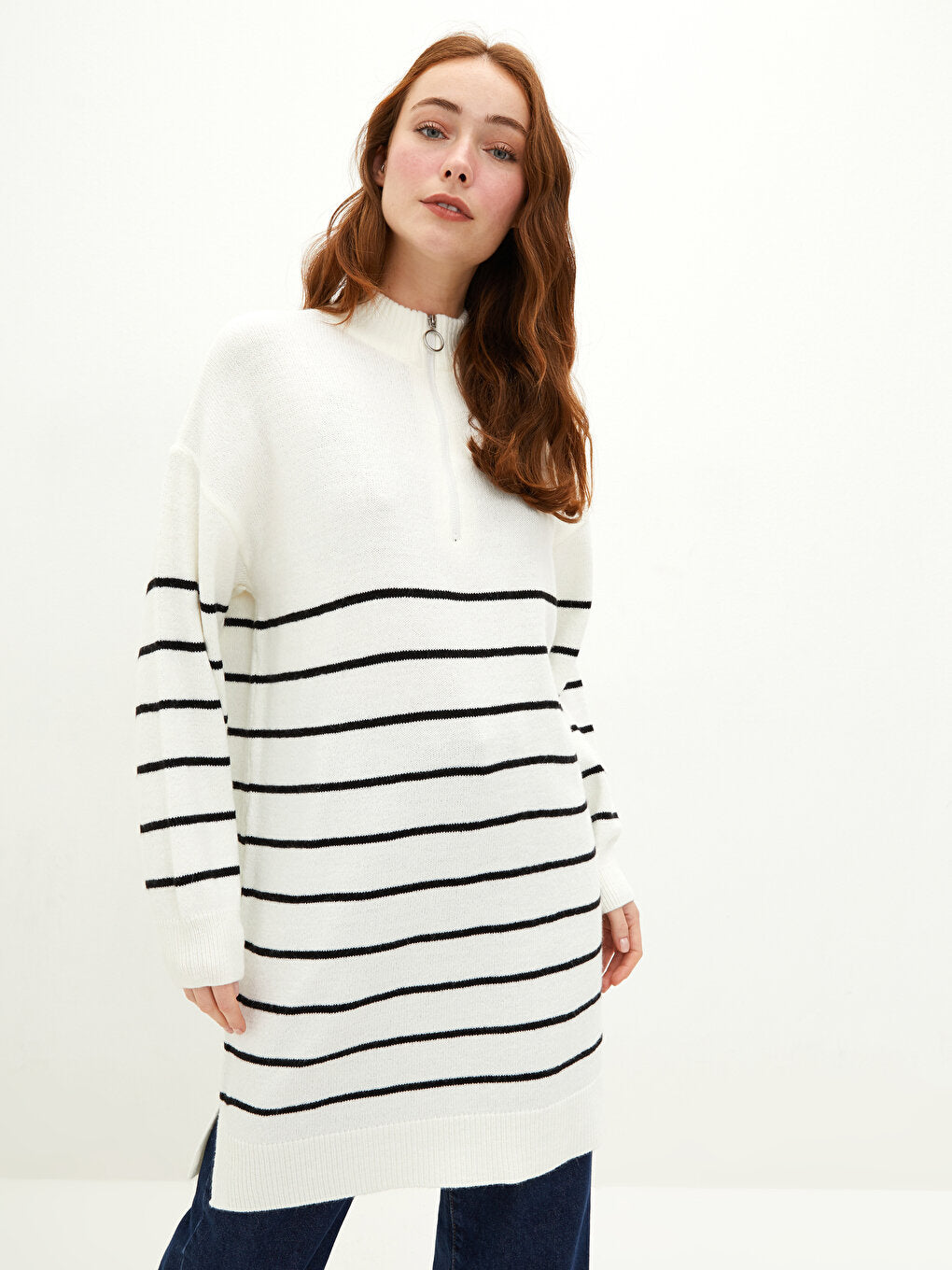 Half Turtleneck Striped Long Sleeve Oversize Women's Knitwear Tunic