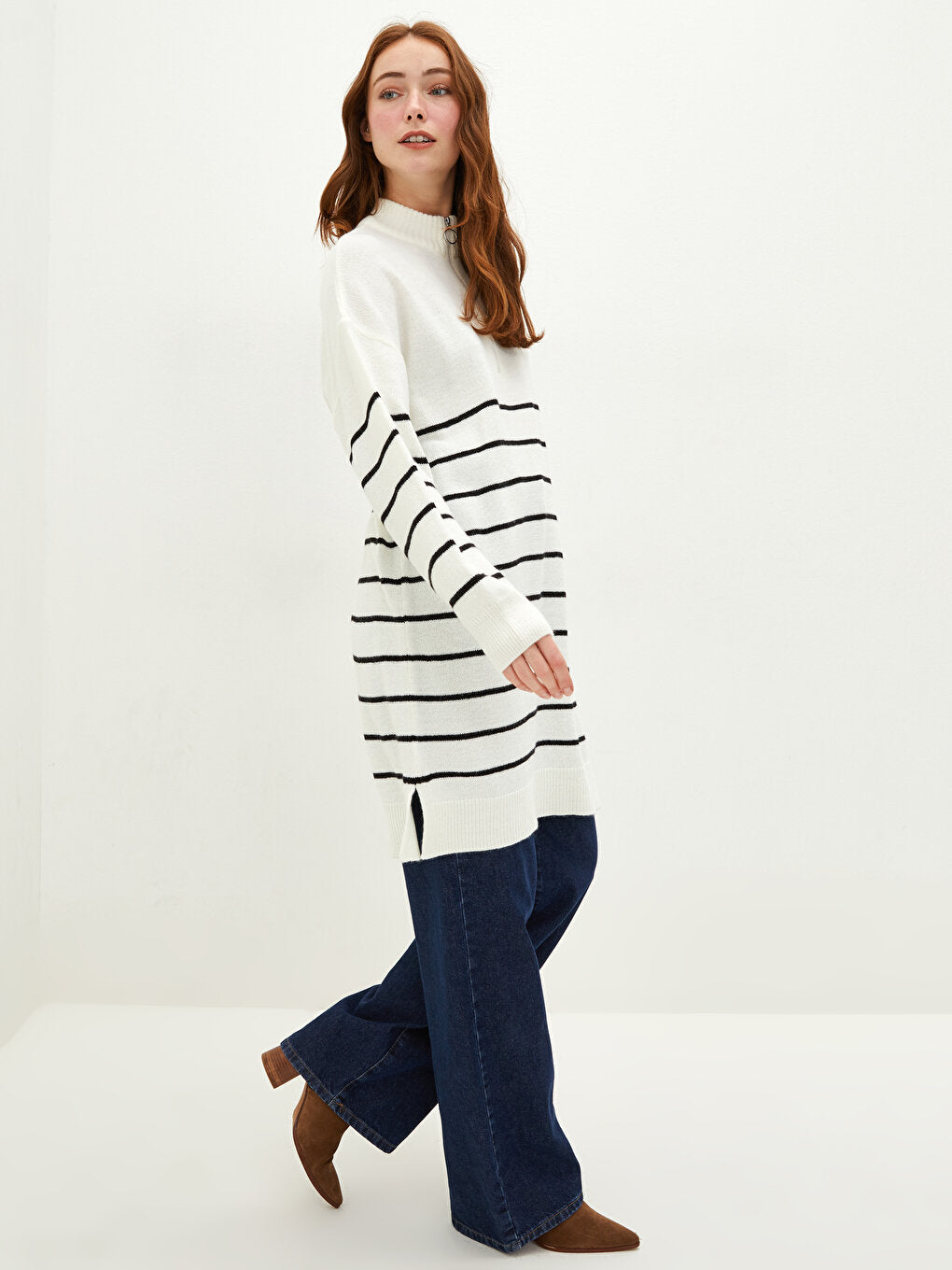 Half Turtleneck Striped Long Sleeve Oversize Women's Knitwear Tunic