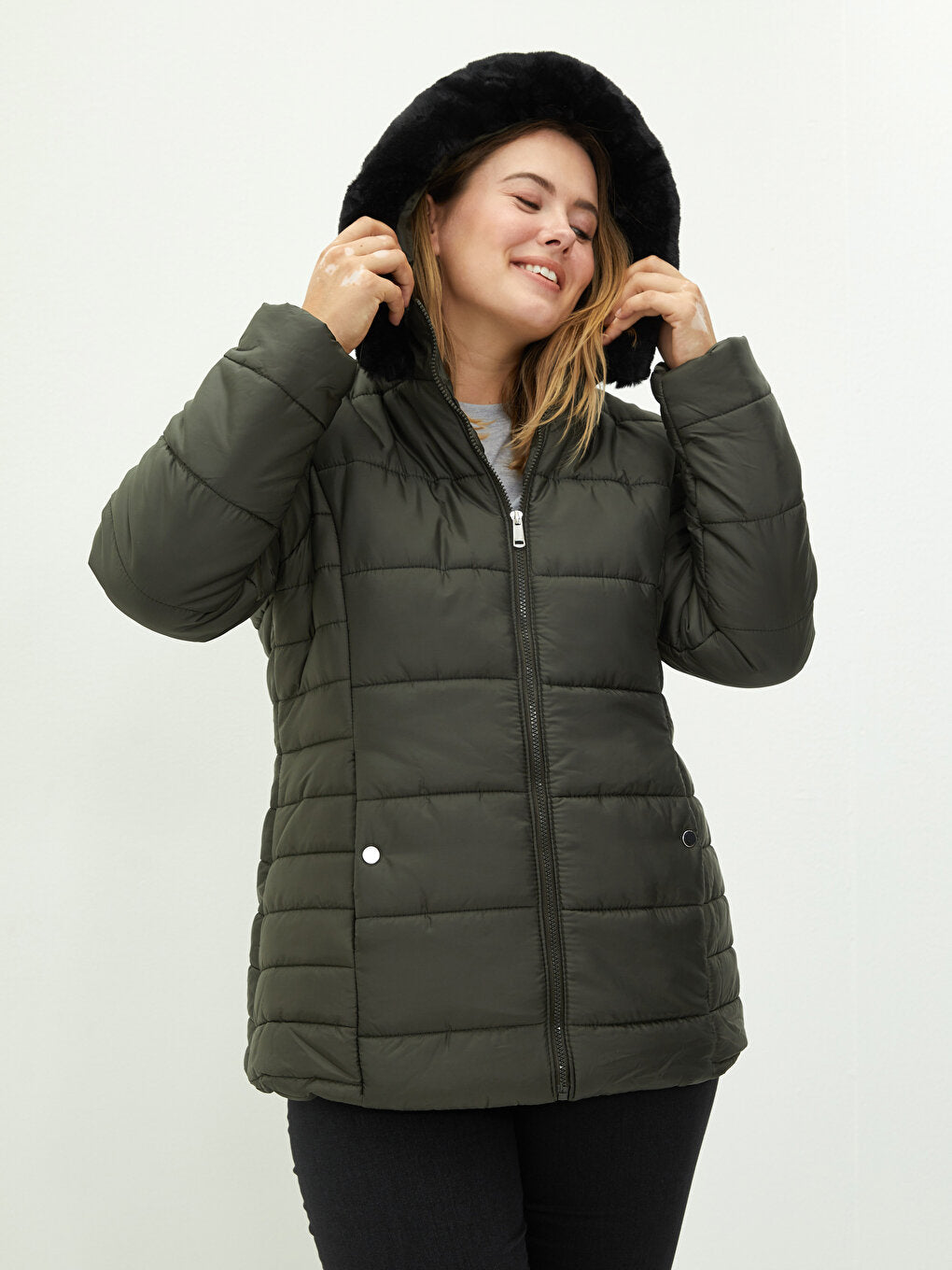 Hooded Plain Pocket Detailed Long Sleeve Women's Puffer Coat