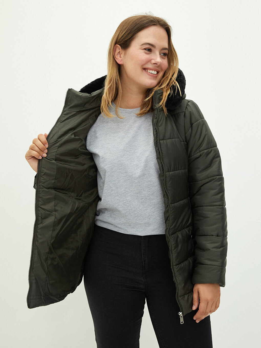 Hooded Plain Pocket Detailed Long Sleeve Women's Puffer Coat