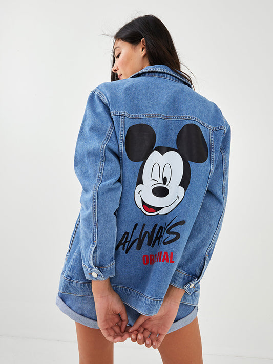 Shirt Collar Mickey Mouse Printed Long Sleeve Pocket Detailed Women's Jean Jacket