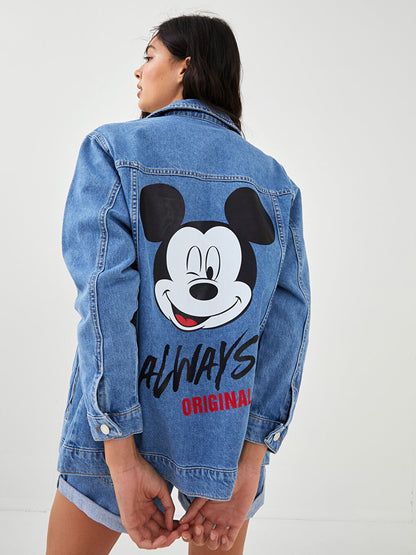 Shirt Collar Mickey Mouse Printed Long Sleeve Pocket Detailed Women's Jean Jacket