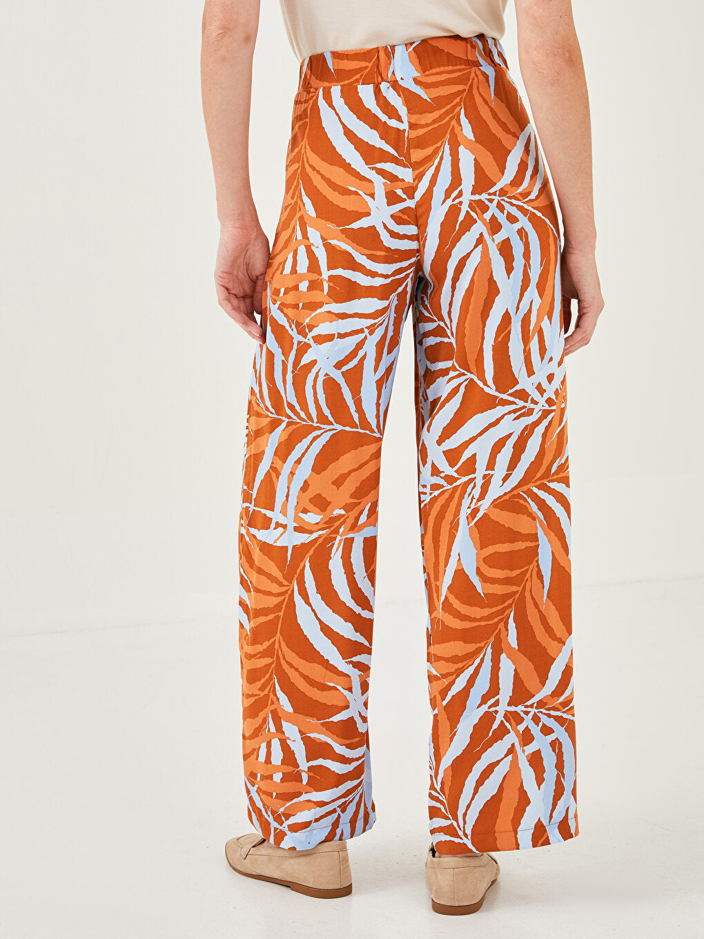 Patterned Wide Leg Viscose Women's Trousers with Elastic Waist