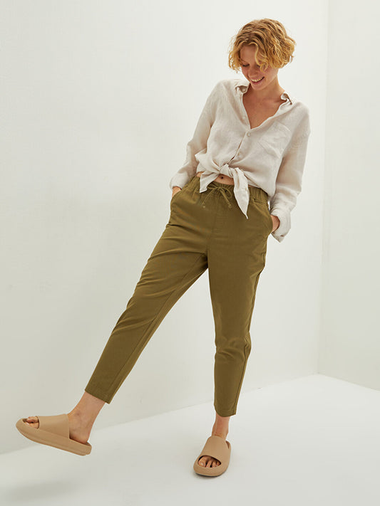 Women's Cotton Trousers with Elastic Waist Straight Pocket Detail