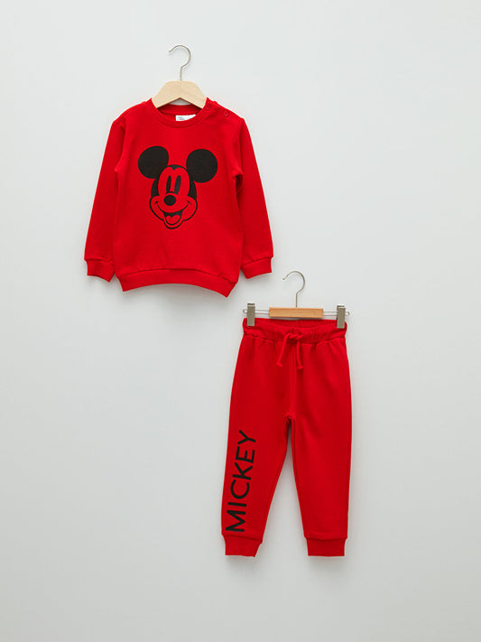 Crew Neck Long Sleeve Mickey Mouse Printed Baby Boy Sweatshirt and Trousers 2-Piece Set