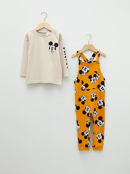 Crew Neck Long Sleeve Mickey Mouse Printed Cotton Baby Boy T-Shirt and Salopet 2-Piece Set