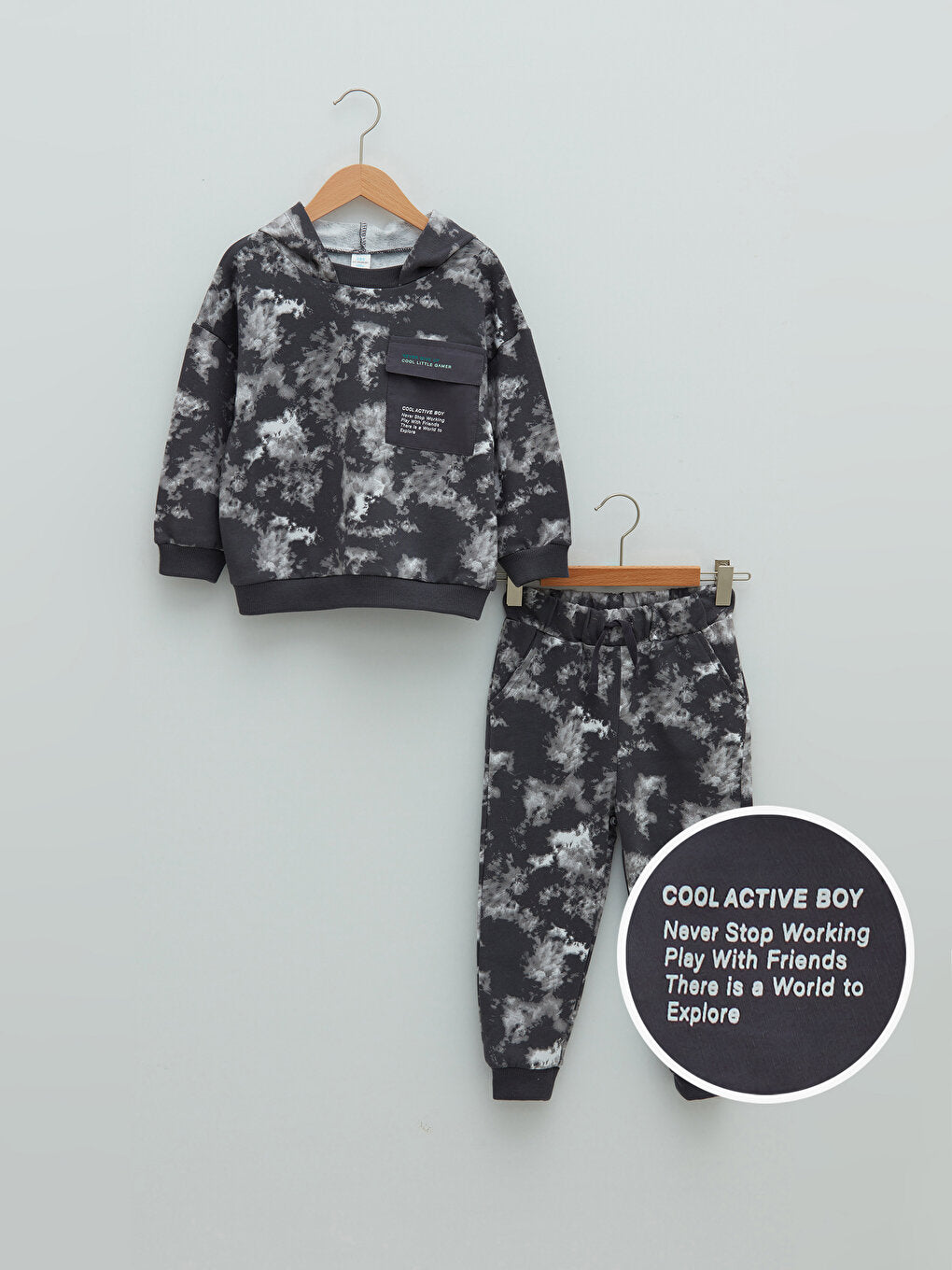 Hooded Batik Patterned Long Sleeve Baby Boy Sweatshirt and Tracksuit Bottom 2-Piece Set