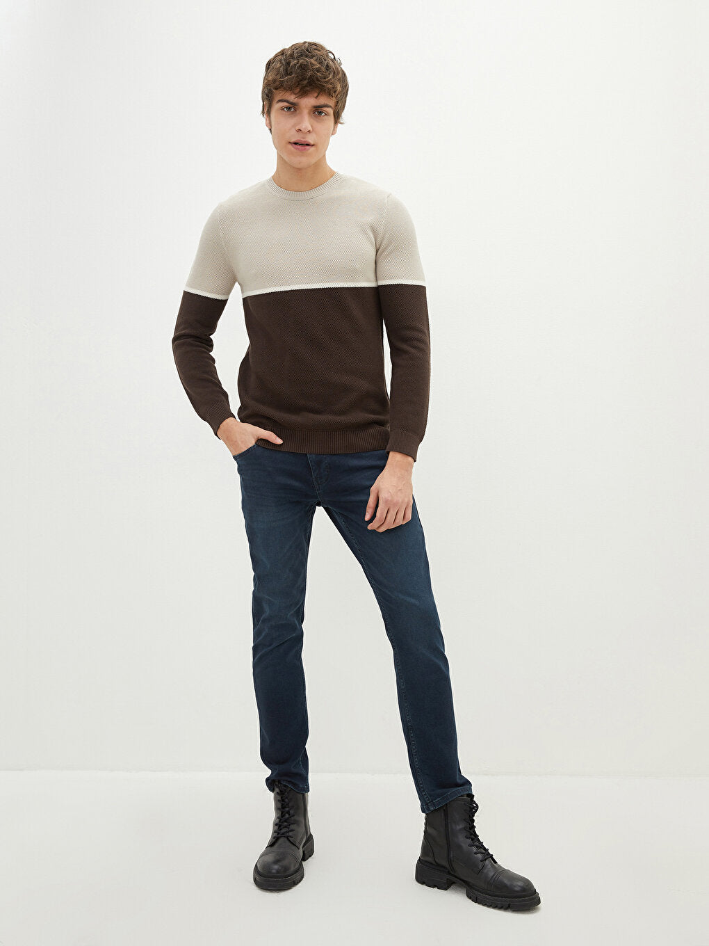 Crew Neck Long Sleeve Color Block Men's Knitwear Sweater